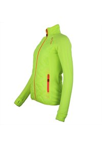 Veste matelassée verte avec un col haut, dotée d'une fermeture éclair frontale intégrale, de deux poches zippées et d'accents orange sur la fermeture éclair et les coutures.