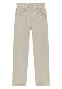 Pantalon beige à jambes droites avec taille élastique, bouton devant, fermeture éclair et deux poches avant, conçu pour les enfants.