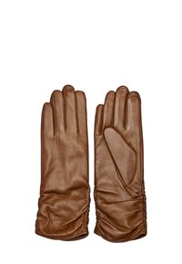 Braune Lederhandschuhe mit glatter Textur, ausgestattet mit fünf Fingern und einem gerafften Handgelenkdesign für eine enge Passform. Keine sichtbaren Beschläge oder Akzente.