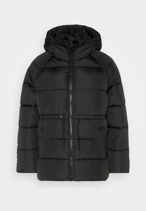 Μαύρο ύφασμα τζάκετ με κουκούλα, μπροστινό φερμουάρ, ρυθμιζόμενη μέση με κορδόνι και  ribbed λεπτομέρειες στα μανίκια, με λεία, ματ υφή.