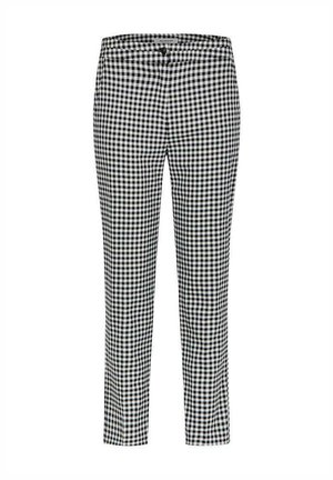 Pantalon slim sur mesure à carreaux vichy noir et blanc avec poches avant et fermeture par bouton à la taille.