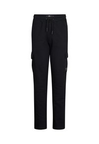 Zwarte cargobroek van katoen, met een trekkoord in de taille, zijzakken en een slim fit ontwerp. Glad textuur, zonder patronen.