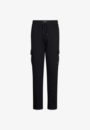 Pantalons cargo noirs en coton, avec une taille à cordon de serrage, des poches latérales et une coupe ajustée. Texture lisse, sans motifs.