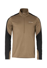 Bruine en zwarte lange mouw pullover met een kwart-rits kraag, gemaakt van zacht, rekbaar stof, met contrasterende kleurblokken op de mouwen.