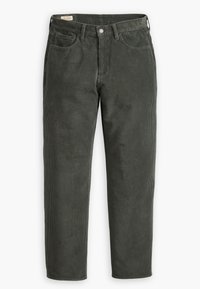 Mörkgröna kordbyxor med rak bendesign, fem fickor och en texturerad, ribbad yta. Metallknappstängning i midjan.