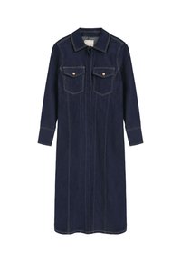 Jeansklänning i mörkblått med långa ärmar, spetsig krage, bröstfickor och guldknappar. Har vertikala sömnadsdetaljer.