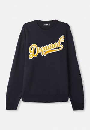 Jersey azul marino de tela suave, con un gran logo bordado en amarillo "Dsquared²" en la parte frontal, y cuellos, puños y dobladillo acanalados.