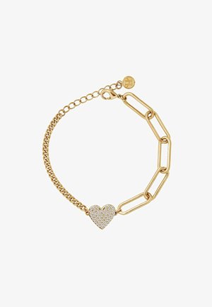 Armband in Gold-Ton mit einem Herzanhänger, der mit klaren Kristallen verziert ist, Gliederkette und klassischem Karabinerverschluss.