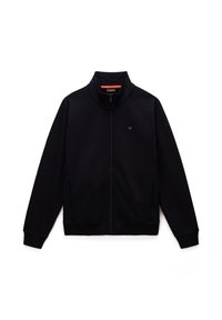 Černá zipová bunda s vysokým límcem, vyrobená z měkké textilie, má boční kapsy, žebrované manžety a malé logo na hrudi.