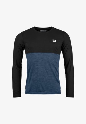 Long-sleeve shirt featuring a black top section and a dark blue striped lower section. Made from soft, textured fabric with a logo on the chest.
