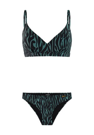 Twee-delig bikini met een zwart en donkergroen zebraprint patroon, bestaande uit een triangel top met verstelbare bandjes en bijpassende low-rise broekjes.