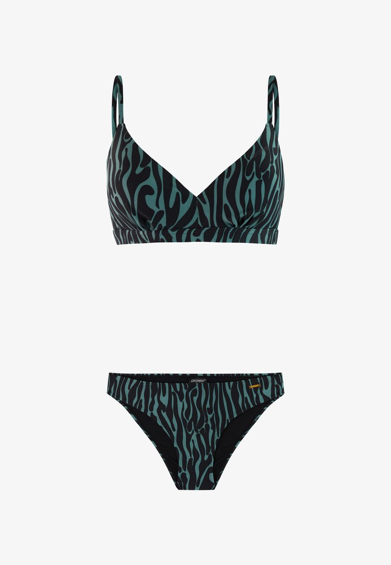 Zweiteiliger Bikini mit schwarz-grünem Zebramuster, bestehend aus einem Triangel-Oberteil mit verstellbaren Trägern und passenden, niedrig sitzenden Höschen.