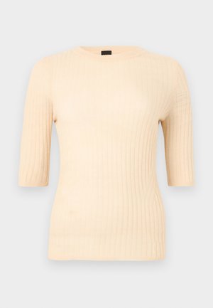 Ribbed, short-sleeve top in light beige. Made from soft material with a fitted shape. Simple round neckline and smooth texture.