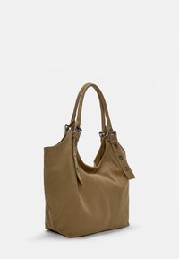 Borsa a spalla in tela marrone con due manici robusti, dettagli in metallo e cuciture a vista, caratterizzata da una forma rilassata e dettagli con bottoni laterali.