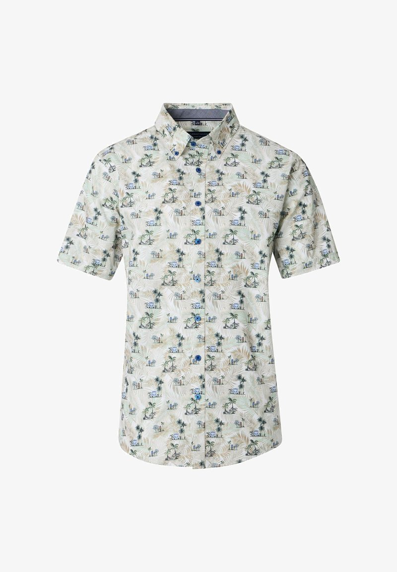 Kurzärmliges Hemd mit Knopfleiste aus einem hellbeigen Stoff, der mit einem tropischen Muster aus Palmen und Strandmotiven in grünen und blauen Tönen verziert ist.