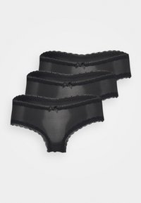 Drei schwarze Unterhosen mit Spitzenbesatz aus glattem Stoff, die eine weiche Textur und kleine Schleifen auf der Vorderseite aufweisen.