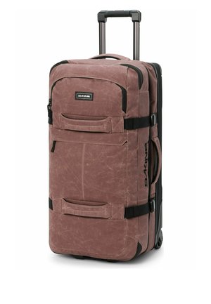 Grande borsa da viaggio mauve con ruote, manico telescopico, molteplici scomparti con zip, maniglie laterali e cinghie di fissaggio nere.