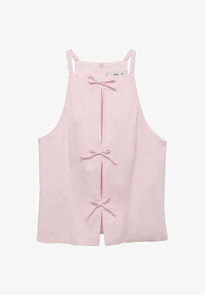 Svijetlo roza bezrukavni top s ravnim krojem, s prednjim prorezima osiguranim mašnicama i zatvorenjem na zip straga. Glatka tekstura tkanine.