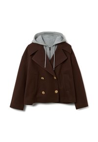 Abrigo marino marrón de doble botonadura con botones dorados, amplio cuello y una capucha gris desmontable, confeccionado en un material texturizado similar a la lana.