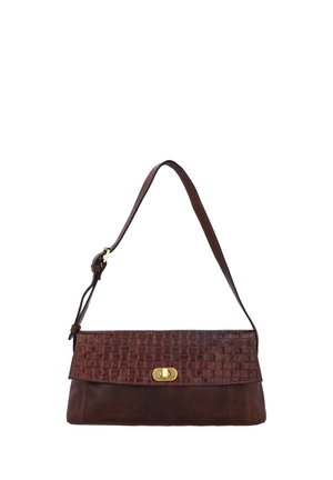 Braune Lederschultertasche mit strukturierter Klappe, goldfarbenem Drehverschluss und verstellbarem Riemen.