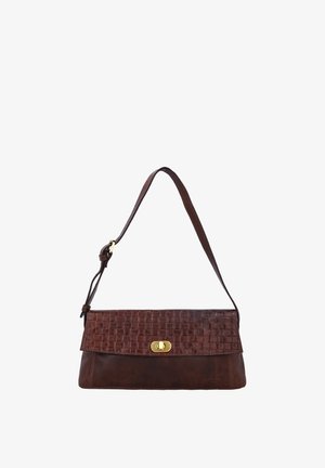 Brown leather shoulder bag with textured flap, gold turn-lock clasp, and adjustable strap.