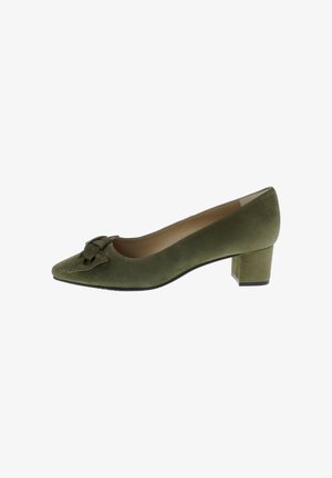 Green suede pump with a pointed toe, accent bow detail on the front, and a block heel. Smooth texture with a solid color finish.