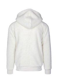 Hvit, fluffy fleece hettegenser med hette, ribbede mansjetter og kant, som har en strukturert overflate og et rent, enkelt design.
