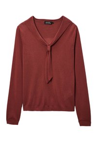 Pull en couleur rouille avec un col en V et un détail à nouer au niveau du col. Fabriqué en tissu tricoté texturé, avec des manches longues et un ourlet côtelé.