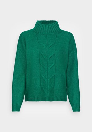 Grüner gestrickter Pullover mit hohem, geripptem Kragen. Verfügt über ein zentrales Zopfmuster, eine lockere Passform sowie gerippte Bündchen und Saum.