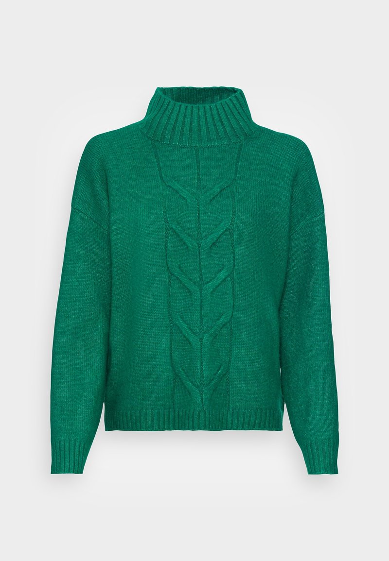 Zelený pletený svetr s vysokým žebrovaným límcem. Má centrální copánkový vzor, volný střih a žebrované manžety a lem.