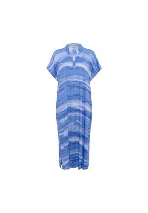 Modré šaty s límečkem a krátkými rukávy, s horizontálním pruhovaným vzorem v různých odstínech modré. Hladký textilní povrch.