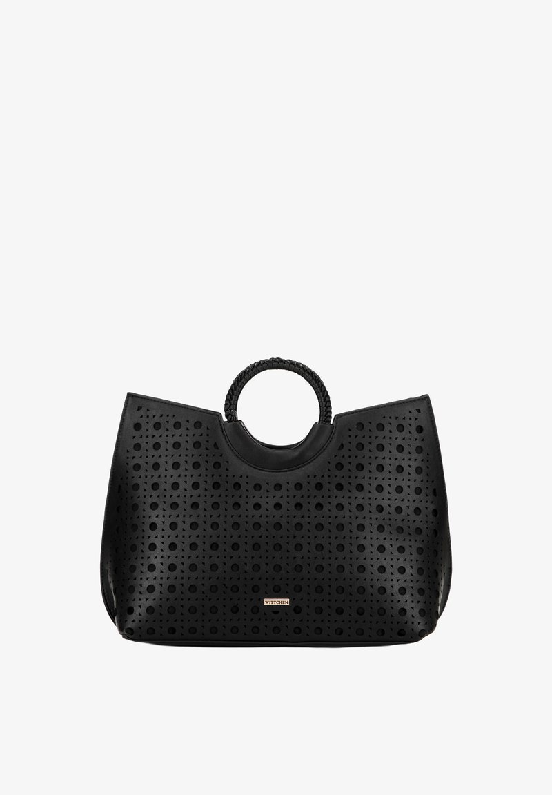 Černá taška přes rameno s texturovaným perforovaným vzorem, kulatým pleteným uchem a akcentem loga. Vyrobena z syntetického materiálu.