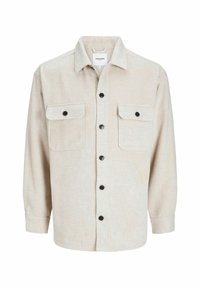 Giacca camicia beige a maniche lunghe con bottoni, due tasche anteriori a patta e dettagli in nero su bottoni, colletto e polsini.
