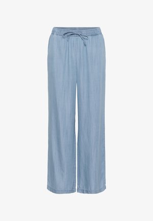 Gaiši zilas platās bikses, izgatavotas no mīksta, viegla auduma, ar elastīgu jostu un auklu pielāgojamai piegulšanai.