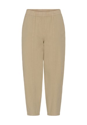 Pantalon beige décontracté avec taille élastique et détails de couture visibles à l'avant, coupe droite, longueur cheville.