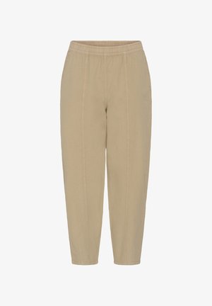 Pantalon beige décontracté avec taille élastique et détails de couture visibles à l'avant, coupe droite, longueur cheville.