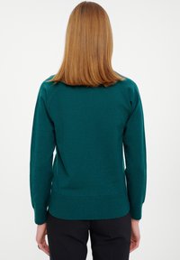Maglione azzurro in maglia con maniche lunghe, scollatura rotonda e orlo a coste. Design semplice senza motivi o dettagli in metallo.