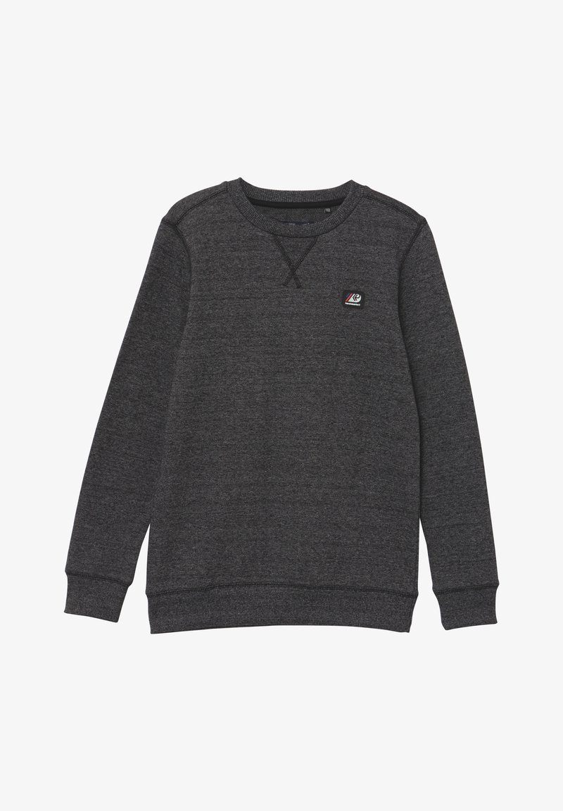 Sweatshirt gris foncé avec un col rond, des manches longues, des poignets et un ourlet côtelés, avec un petit logo sur la poitrine et une finition texturée.