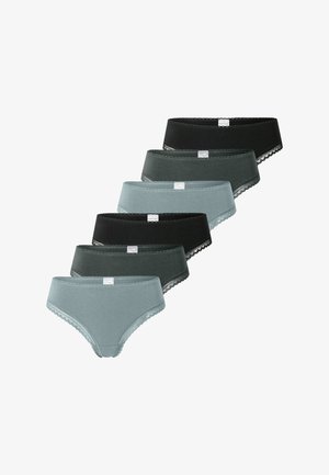 Zes damesstrings in verschillende tinten: twee zwart, twee donkergroen en twee lichtblauw. Voorzien van kanten rand langs de taillebanden.