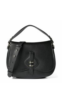 Schwarze Ledertasche mit Schulterriemen und strukturierter Oberfläche, mit geschwungener Form, Träger und dekorativem Schnallendetail vorne.