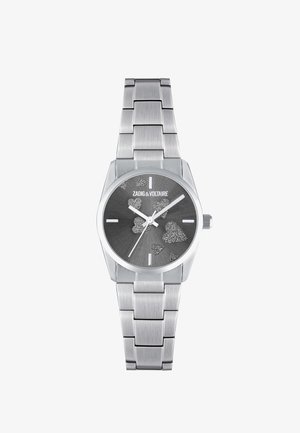 Srebrny metalowy zegarek na rękę z ciemnoszarym cyferblatem, błyszczącymi wzorami serc, minimalnymi znacznikami godzin i białymi wskazówkami pokazującymi 10:10:36.