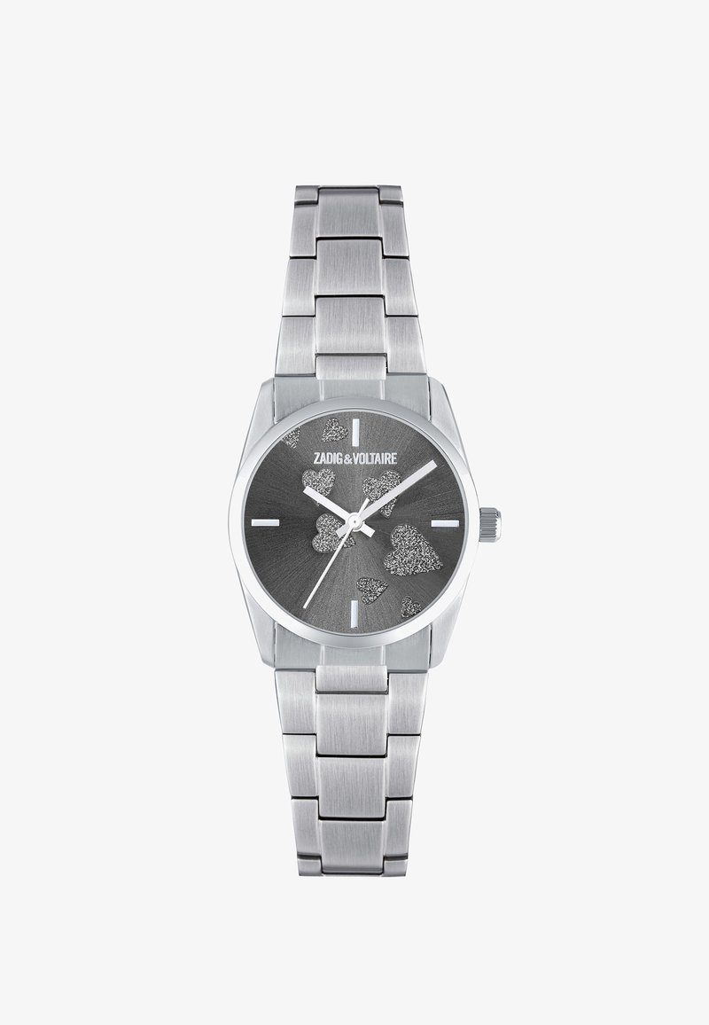 Hopeakynsinen rannekello tummanharmaalla kellotaululla, kimaltavilla sydänkuvioilla, vähäisillä tuntimerkinnöillä ja valkoisilla viisareilla, jotka näyttävät aikaa 10:10:36.