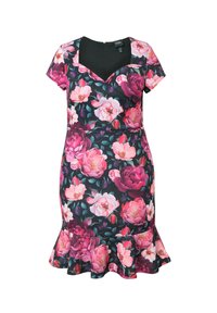 Kwiecista sukienka z czarnego materiału w różowy i fioletowy wzór piwonii. Dopasowana góra, krótkie rękawy i rozkloszowany dół z falbaną. Zapięcie z tyłu na zamek błyskawiczny.