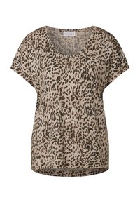 Leopardenmuster-T-Shirt mit kurzen Ärmeln in Beige und Braun, mit V-Ausschnitt und lockerer Passform. Leichter Stoff mit glatter Textur.