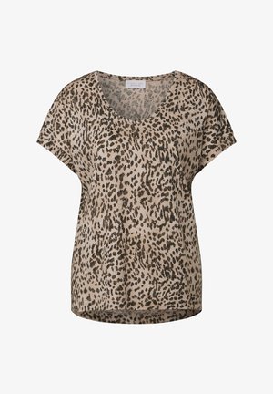 Beige en bruine short-sleeve top met luipaardprint, voorzien van een v-hals en een losse pasvorm. Lichtgewicht stof met een gladde textuur.