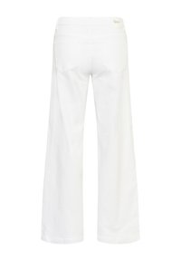 Jean blanc à jambes larges avec deux poches arrière et une petite étiquette de marque beige sur la ceinture, vu de dos.