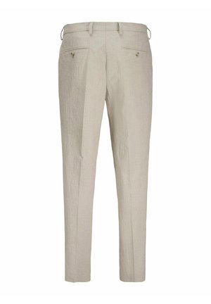 Linen trousers in light beige with a textured finish. Features two back pockets with buttons and belt loops for adjustable fit.