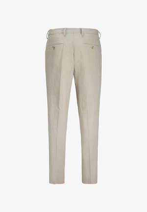 Linen hlače v svetli bež barvi z teksturiranim zaključkom. Imajo dva zadnja žepa z gumbi in zanke za pas za prilagodljiv fit.