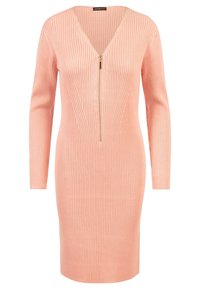 Robe midi en maille côtelée à manches longues, rose doux, avec un col en V et un détail de fermeture éclair dorée au centre avant.