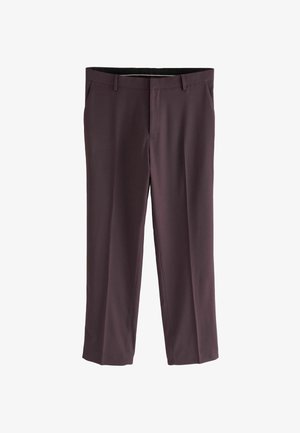 Ciemnobordowe spodnie wykonane z gładkiego materiału, o prostym kroju nogawki i tradycyjnych przednich kieszeniach. Bez widocznych wzorów czy elementów metalowych.